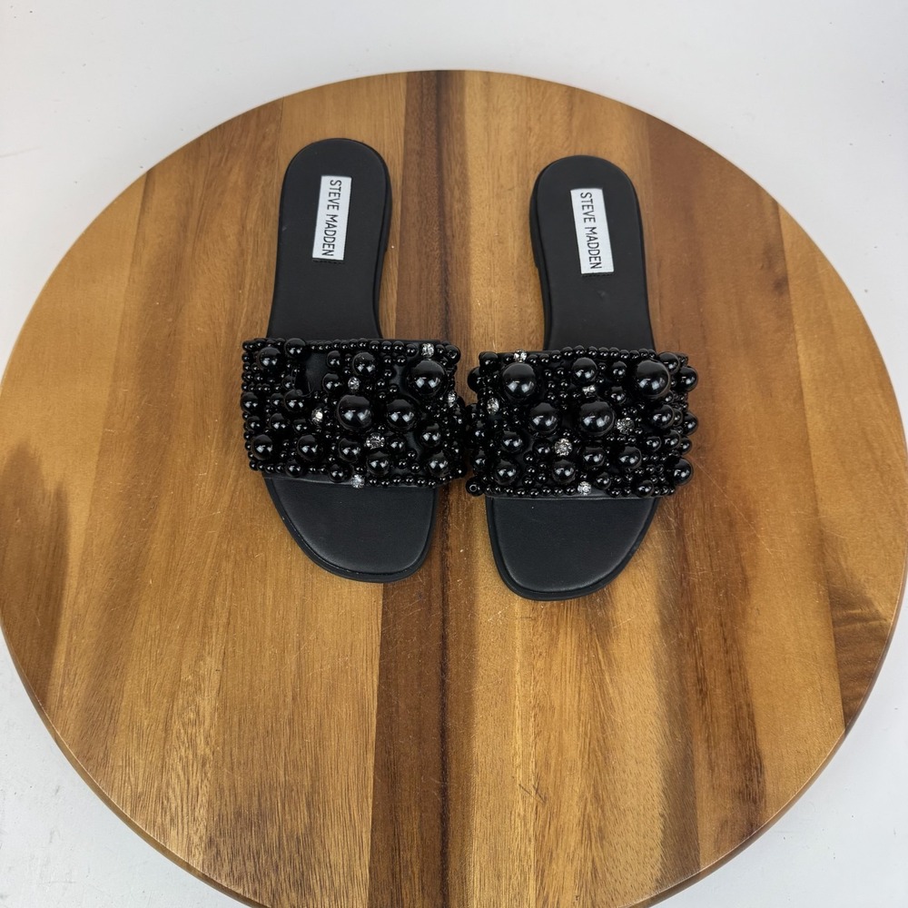 New Womens Steve Madden Knicky Black Beaded Comfort Slides Sandals Size 6 M NWOB